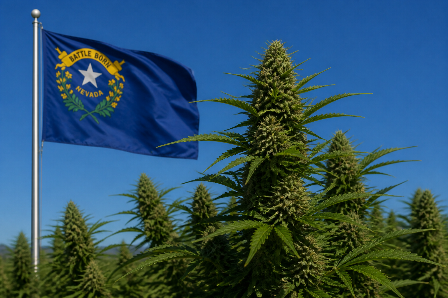 Flowering cannabis plant with the Nevada flag