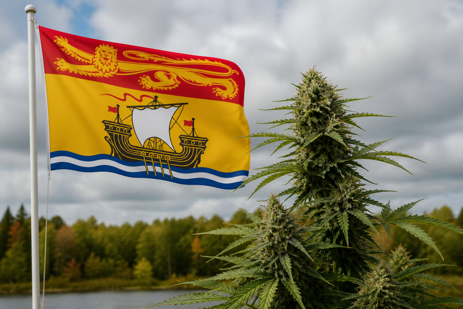 Flowering cannabis plant with the New Brunswick flag