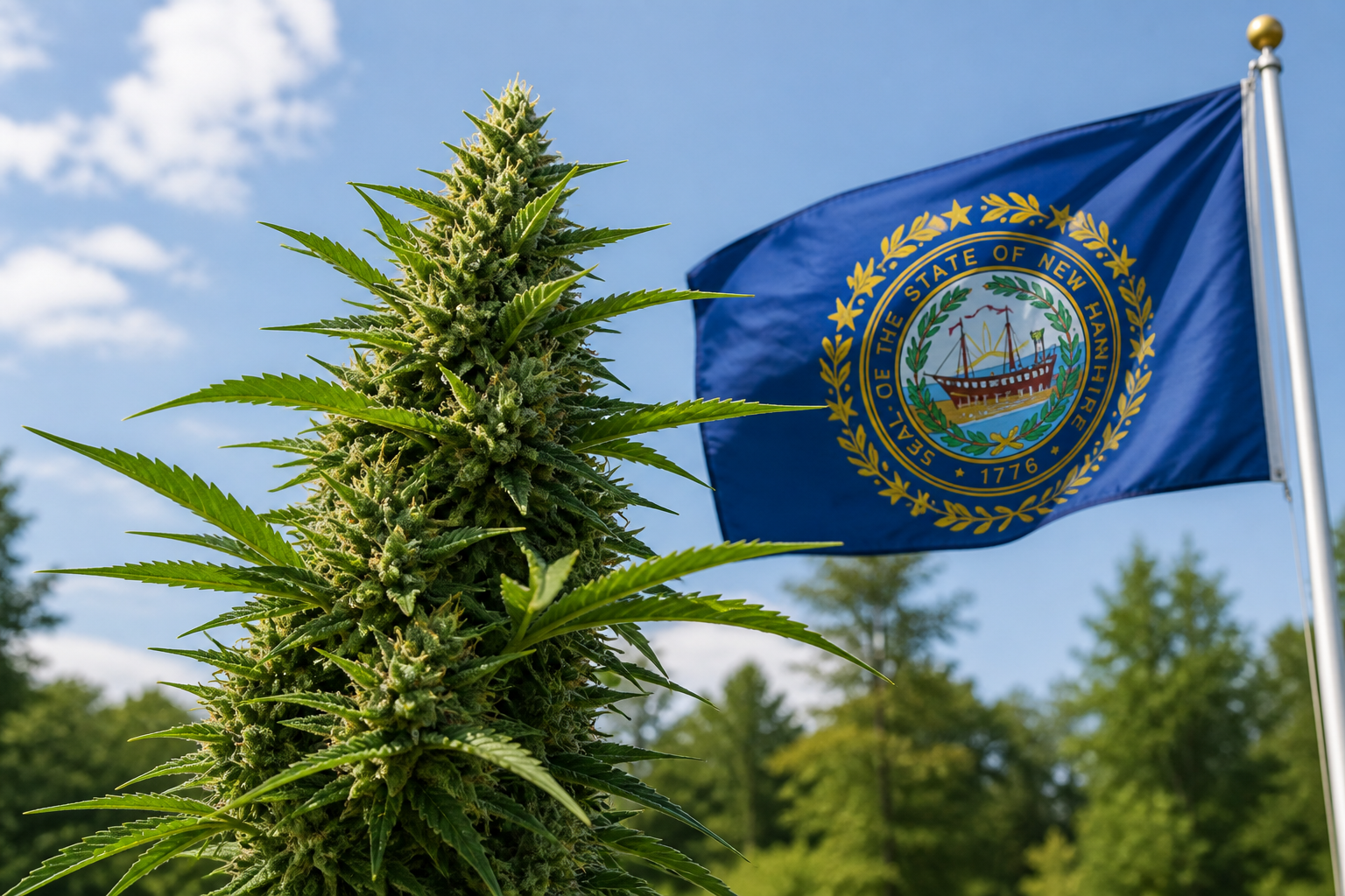 Flowering cannabis plant with the New Hampshire flag