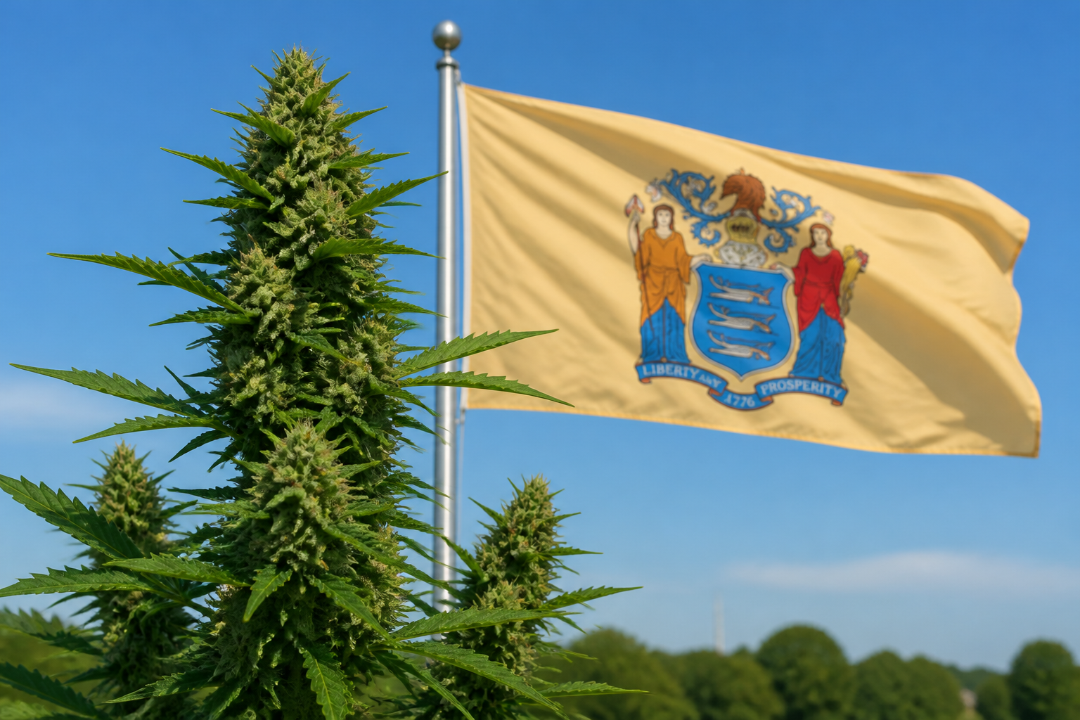 Flowering cannabis plant with the New Jersey flag