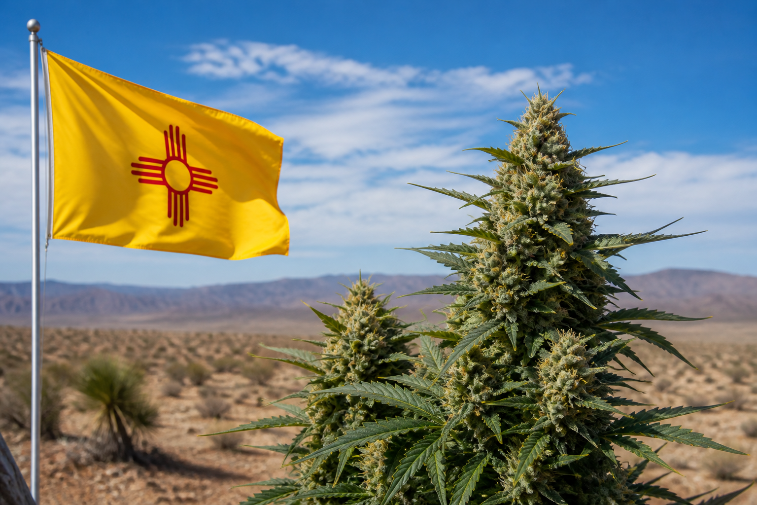 Flowering cannabis plant with the New Mexico flag