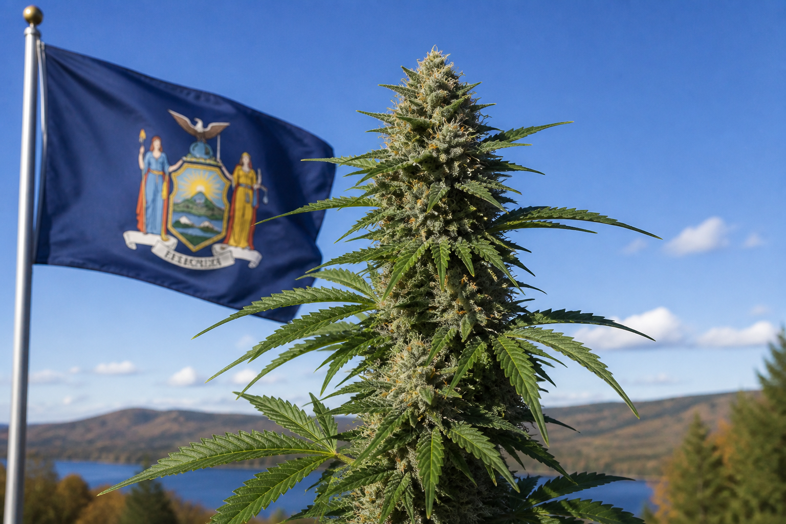 Flowering cannabis plant with the New York flag