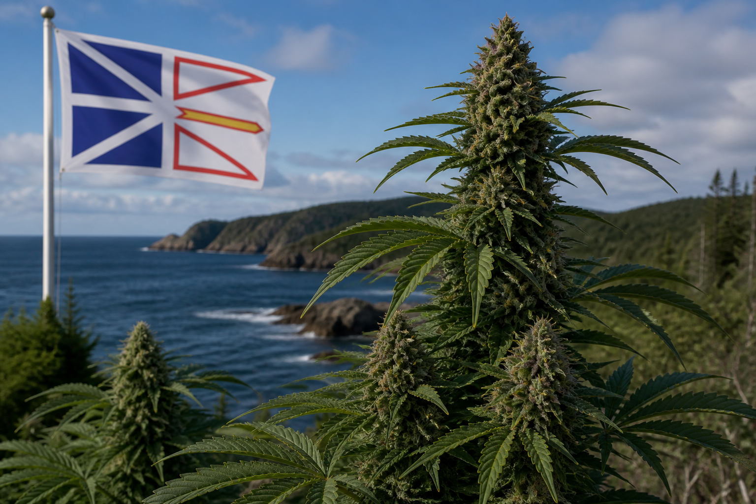 Flowering cannabis plant with the Newfoundland and Labrador flag