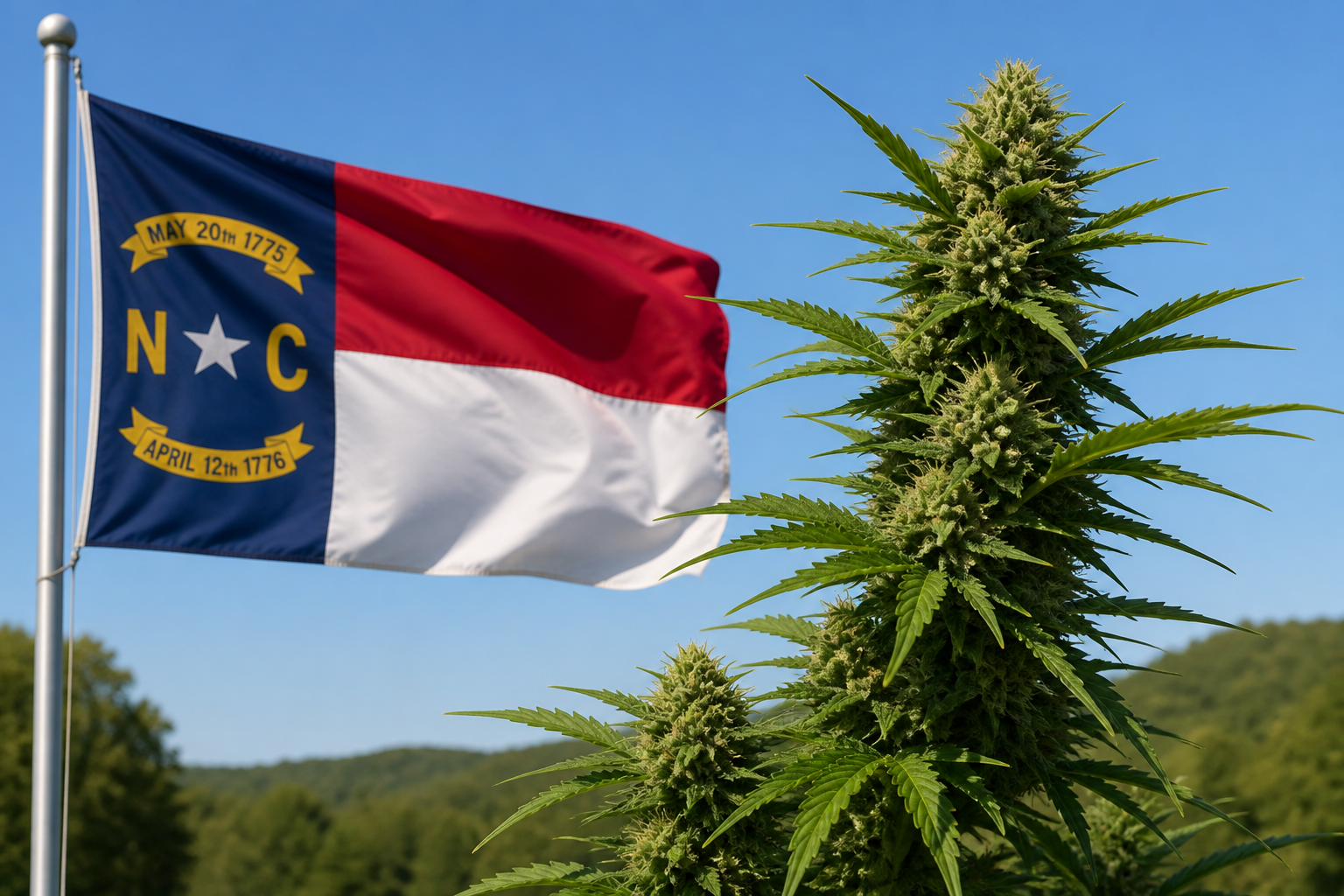 Flowering cannabis plant with the North Carolina flag