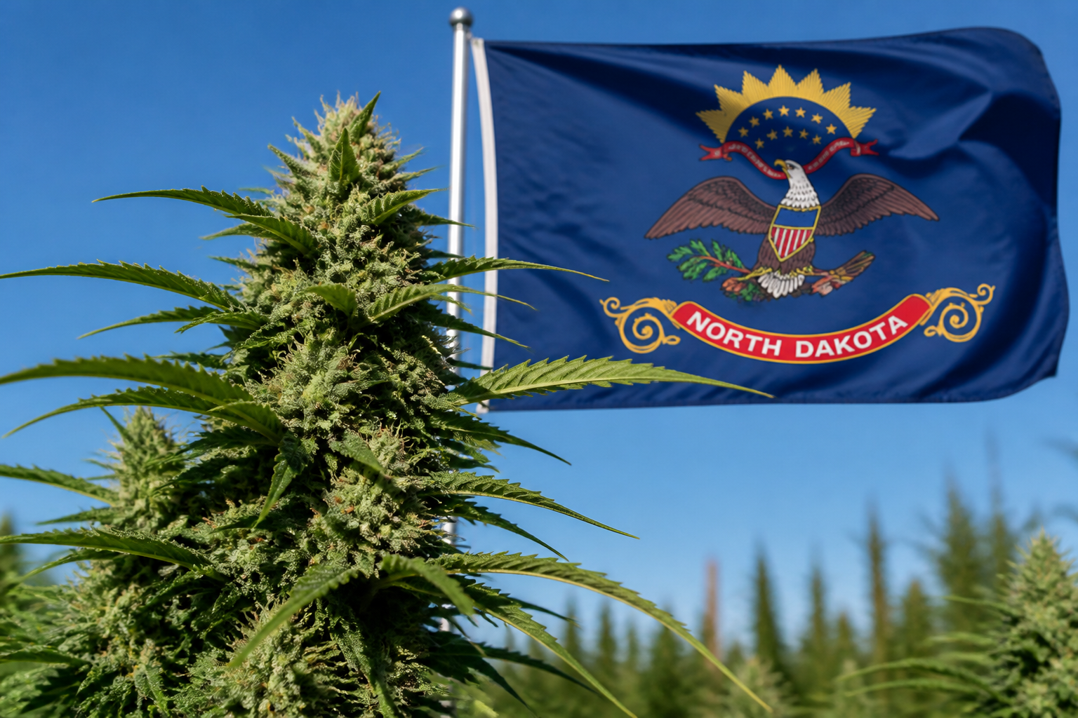 Flowering cannabis plant with the North Dakota flag