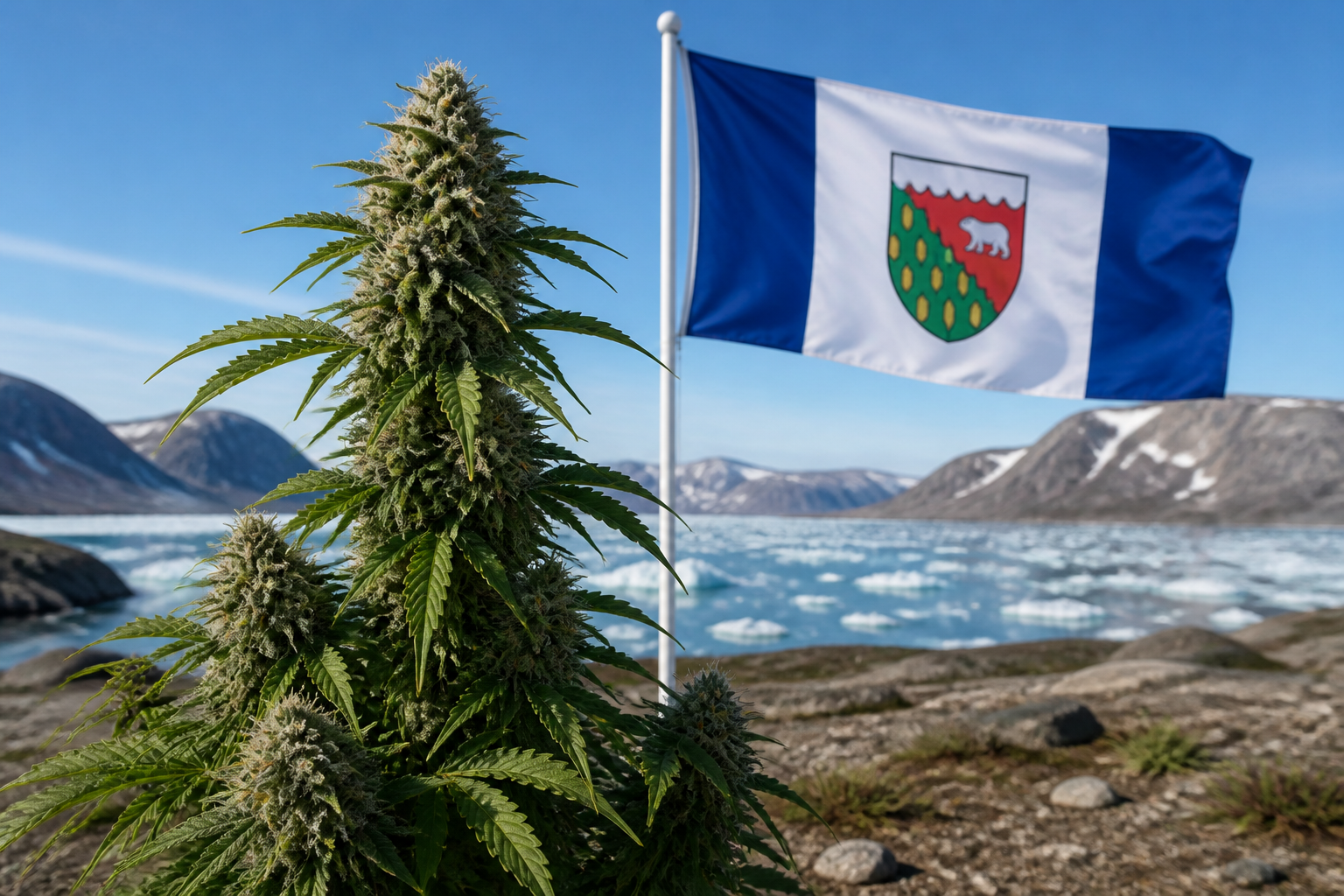 Flowering cannabis plant with the Northwest Territories flag