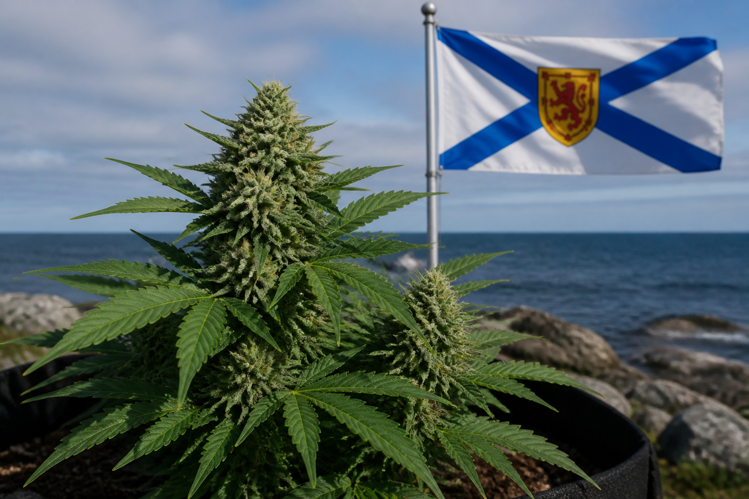 Flowering cannabis plant with the Nova Scotia flag