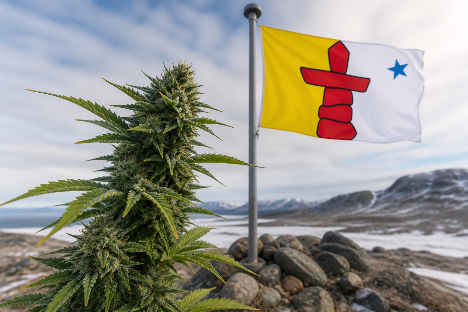 Flowering cannabis plant with the Nunavut flag