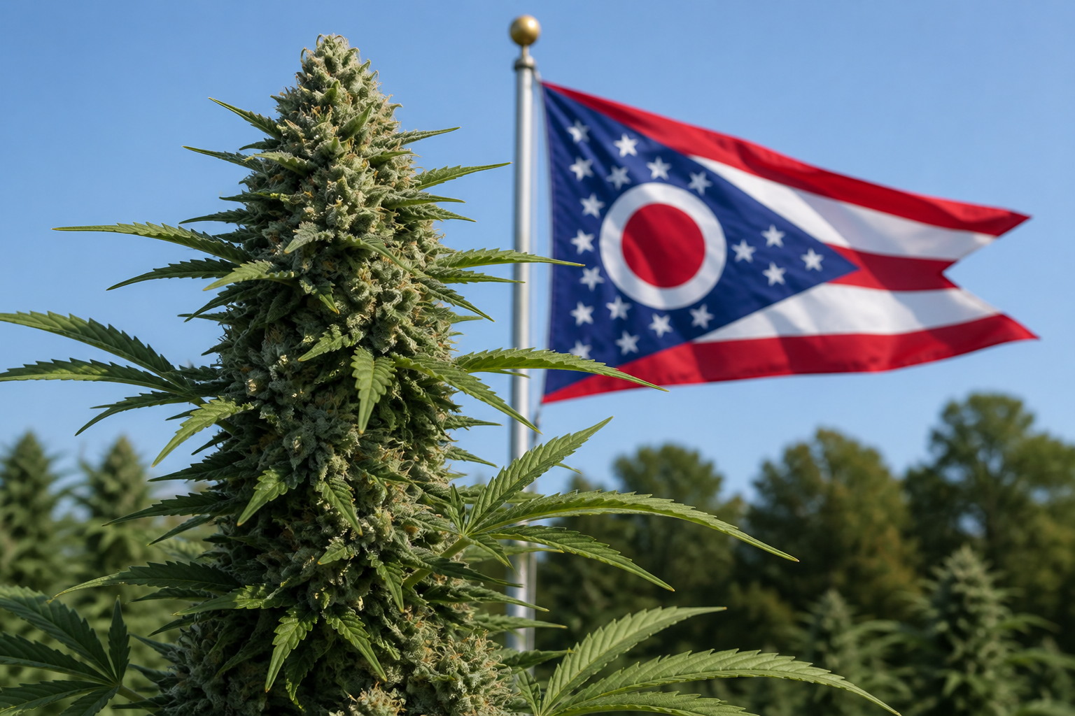Flowering cannabis plant with the Ohio flag