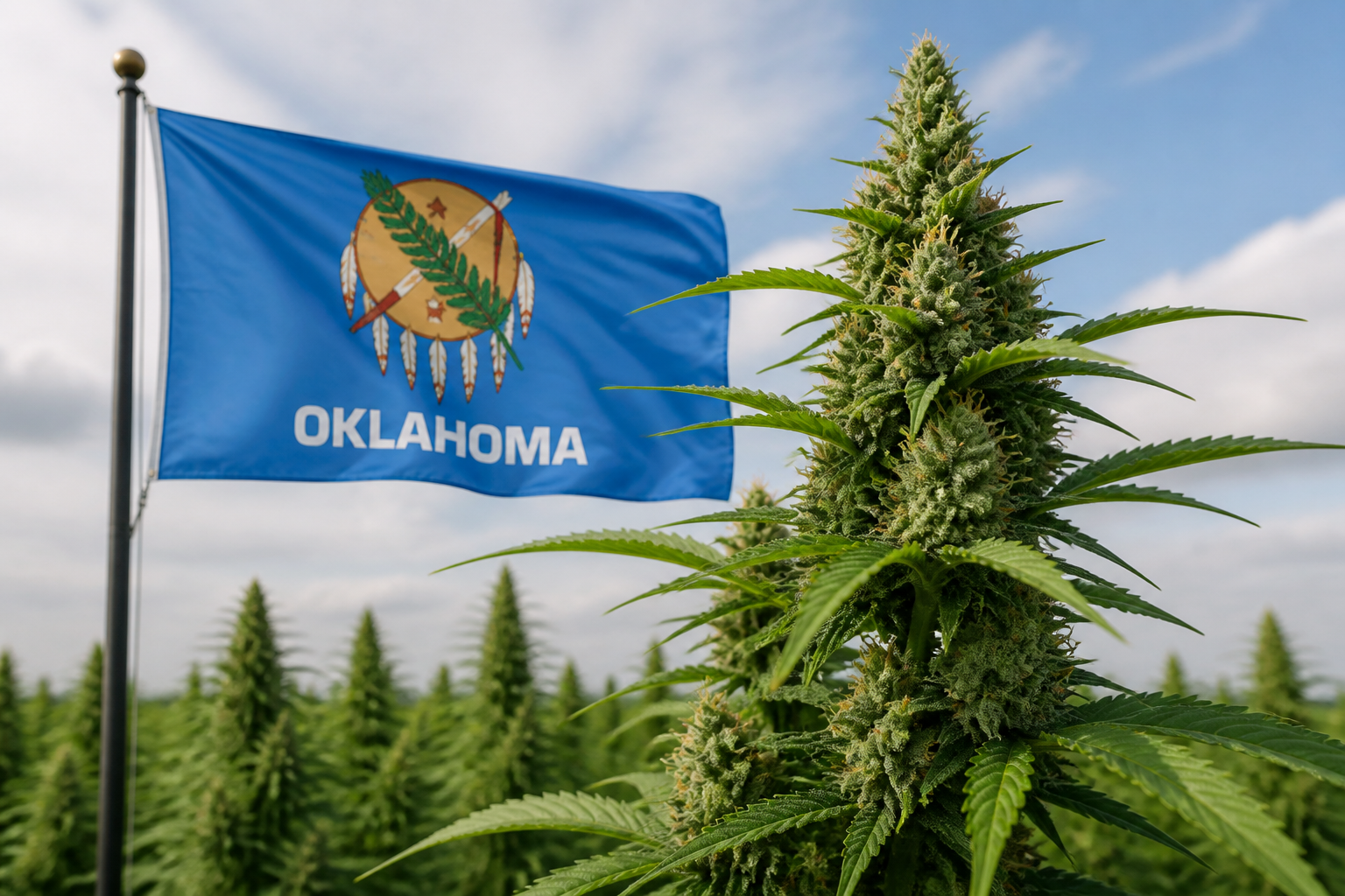 Flowering cannabis plant with the Oklahoma flag