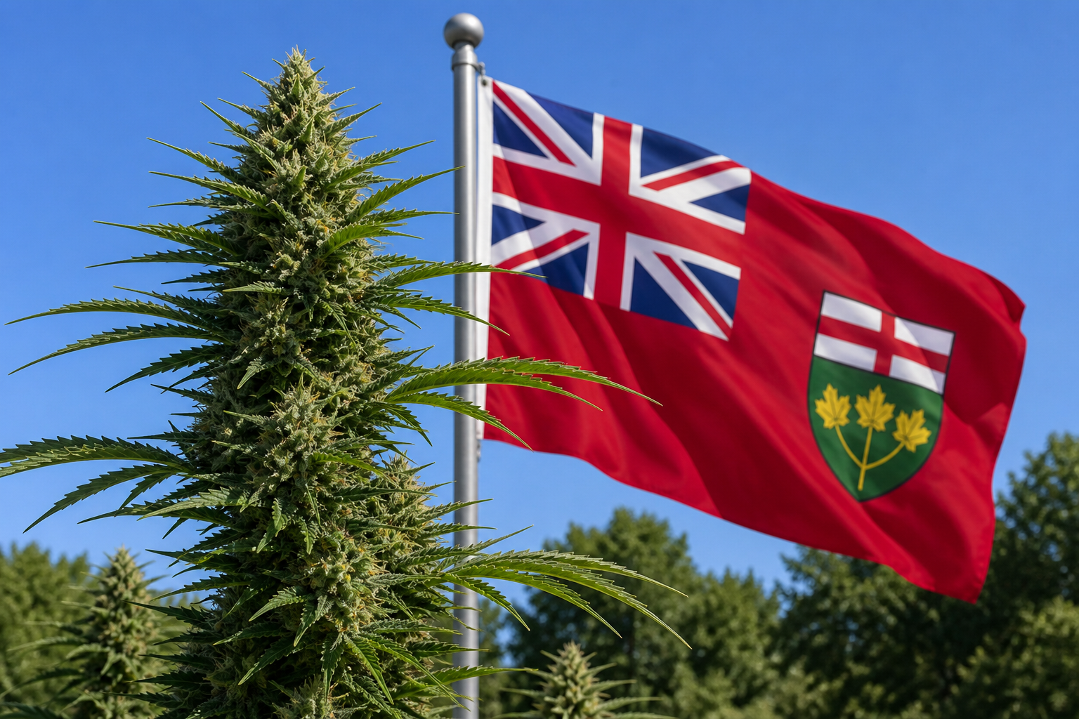 Flowering cannabis plant with the Ontario flag