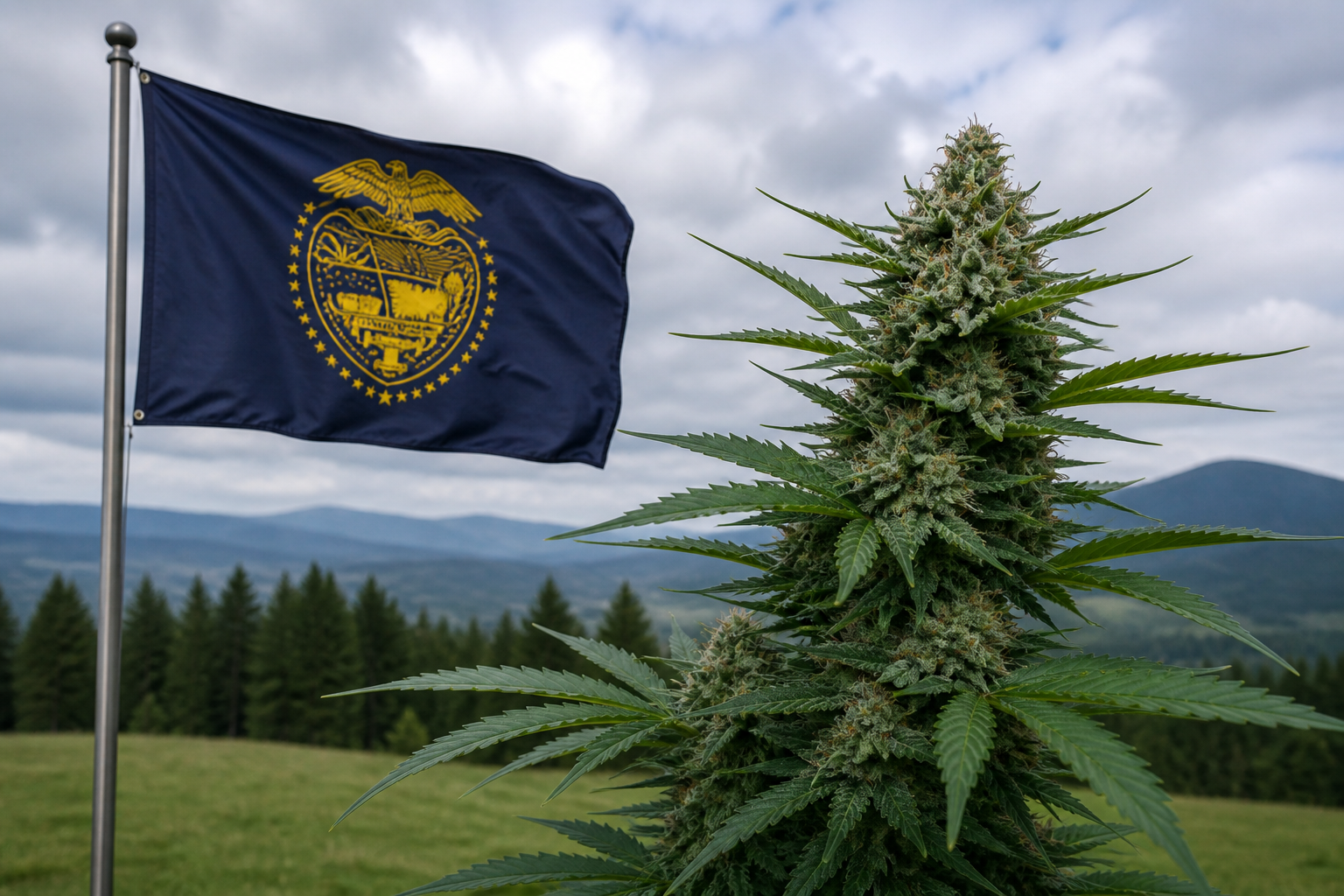 Flowering cannabis plant with the Oregon flag