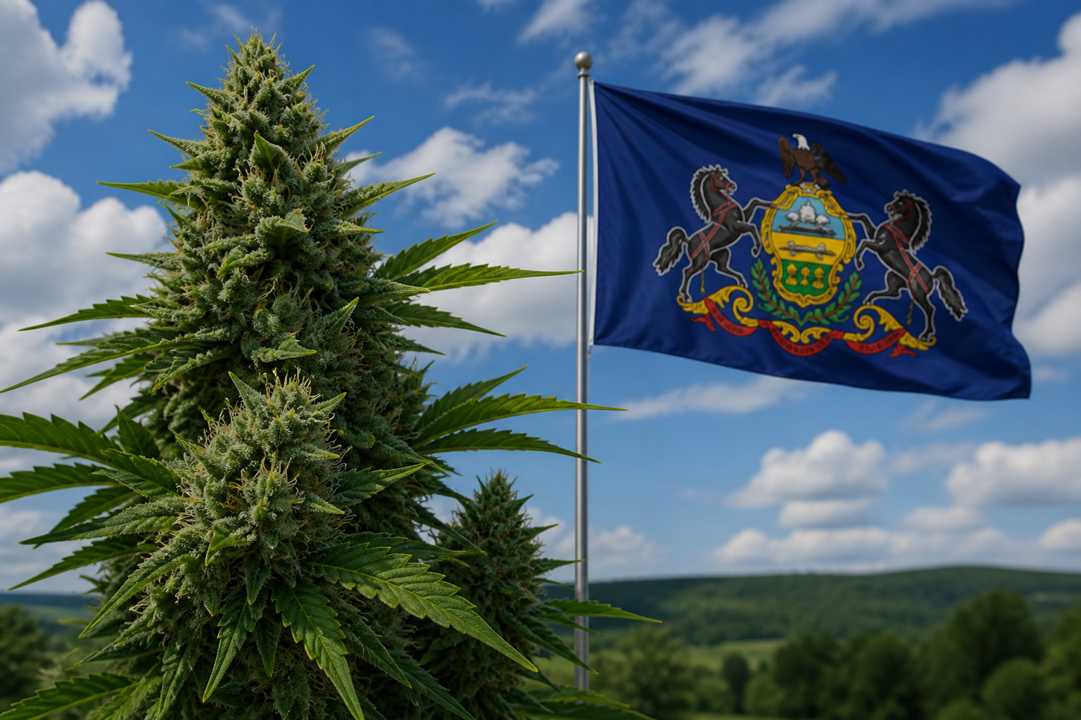 Flowering cannabis plant with the Pennsylvania flag