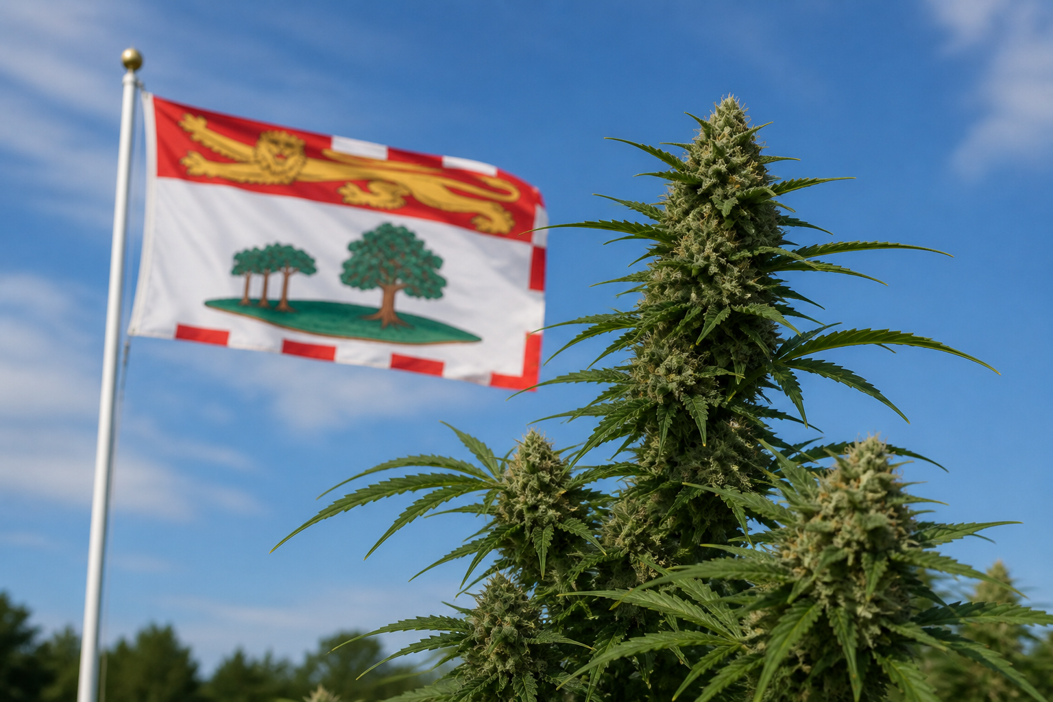 Flowering cannabis plant with the Prince Edward Island flag