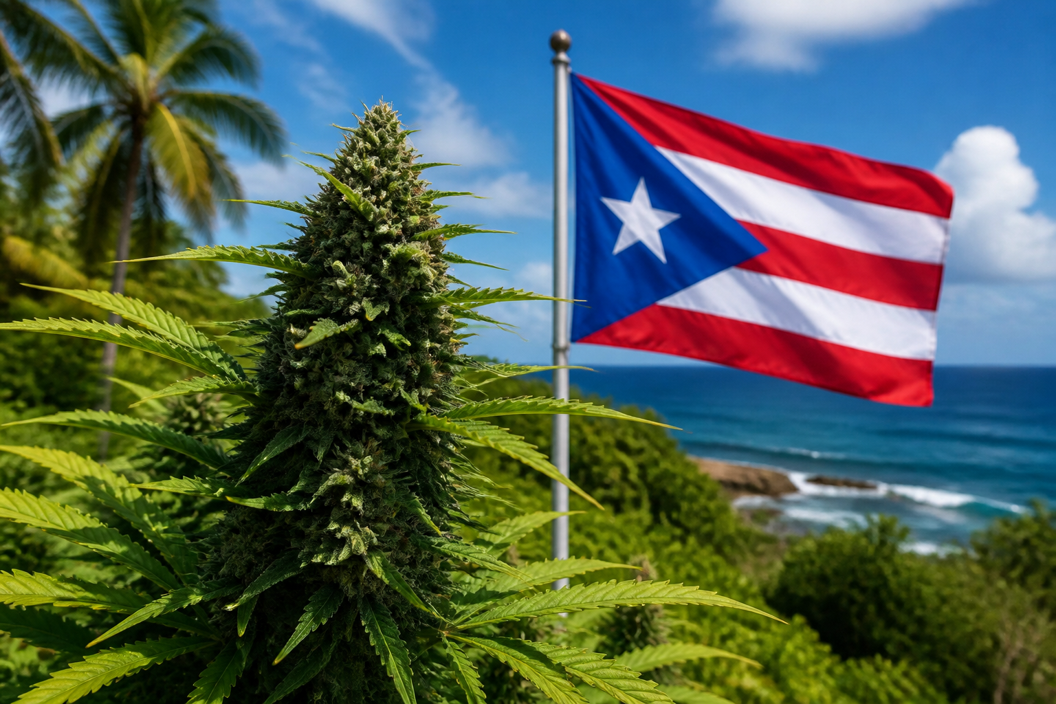 Flowering cannabis plant with the Puerto Rico flag