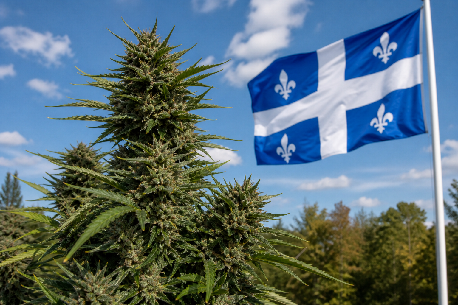 Flowering cannabis plant with the Quebec flag