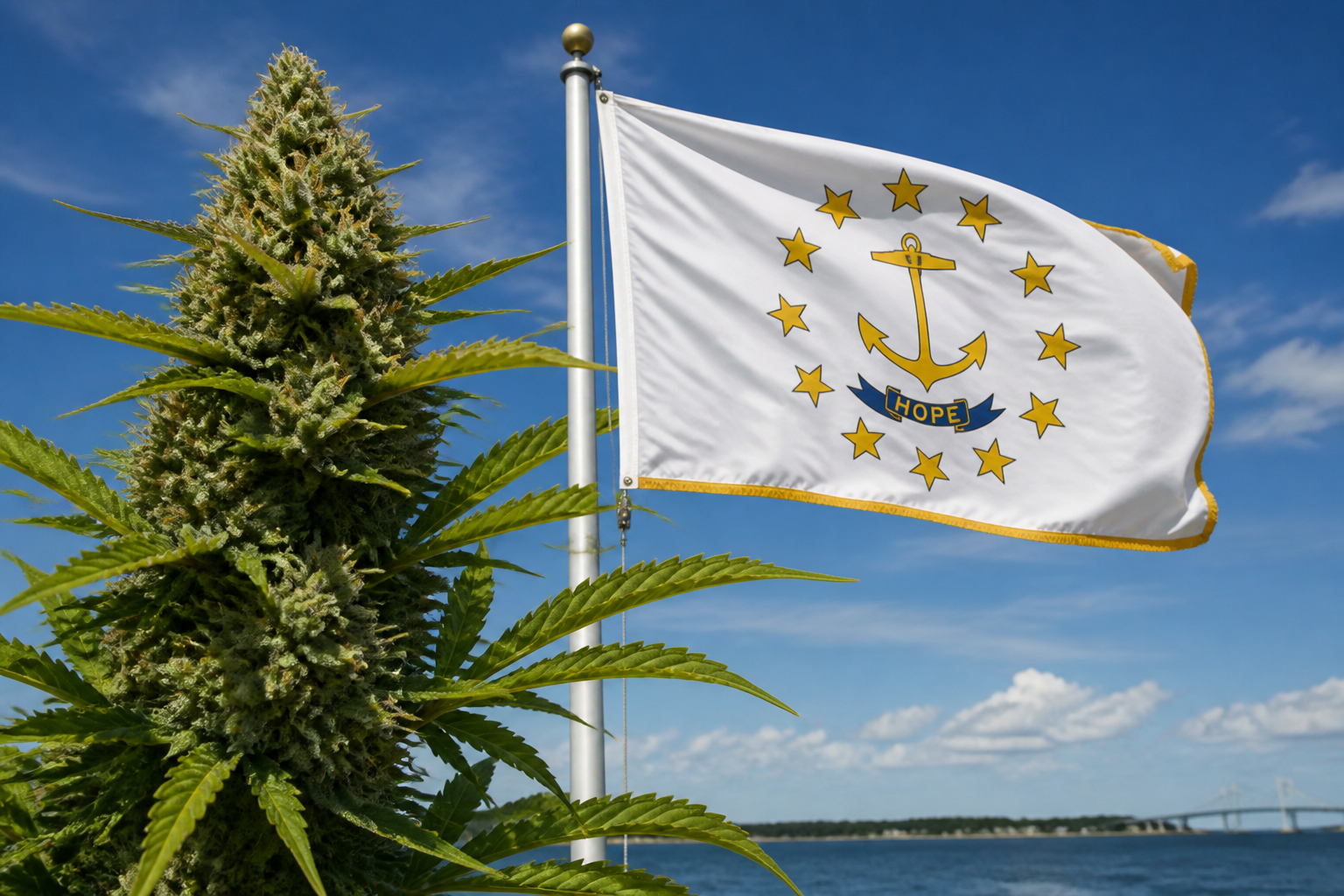 Flowering cannabis plant with the Rhode Island flag