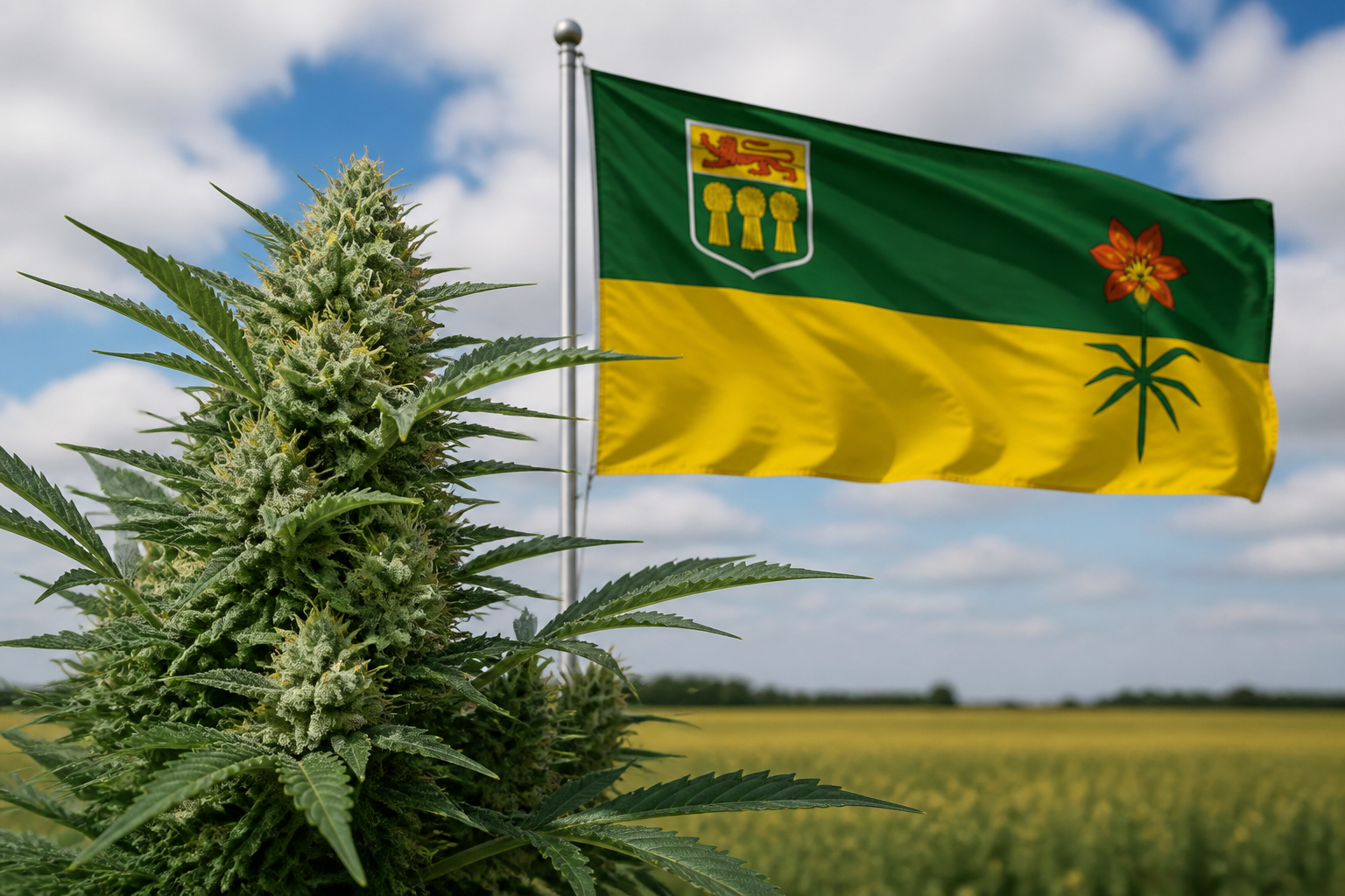 Flowering cannabis plant with the Saskatchewan flag