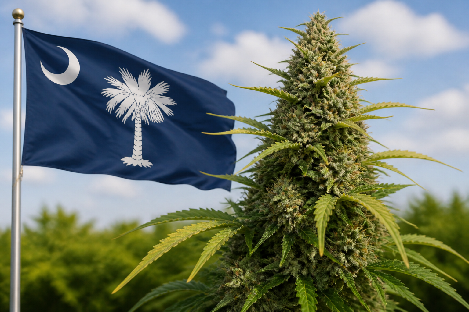 Flowering cannabis plant with the South Carolina flag