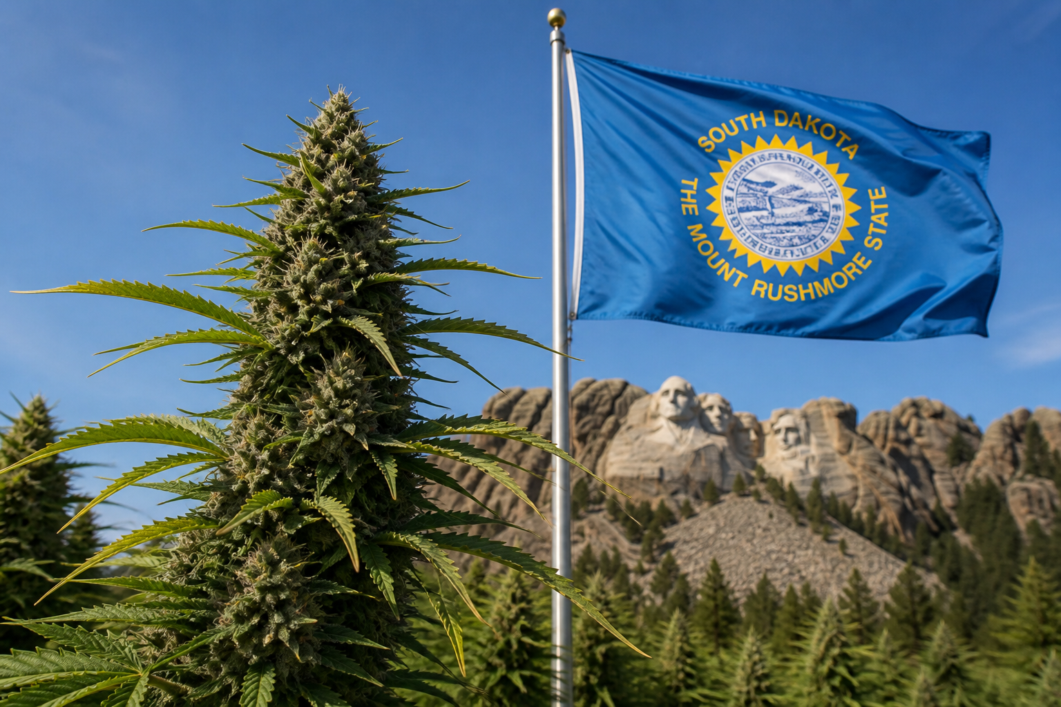 Flowering cannabis plant with the South Dakota flag