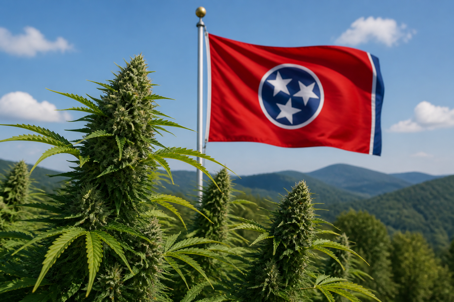 Flowering cannabis plant with the Tennessee flag