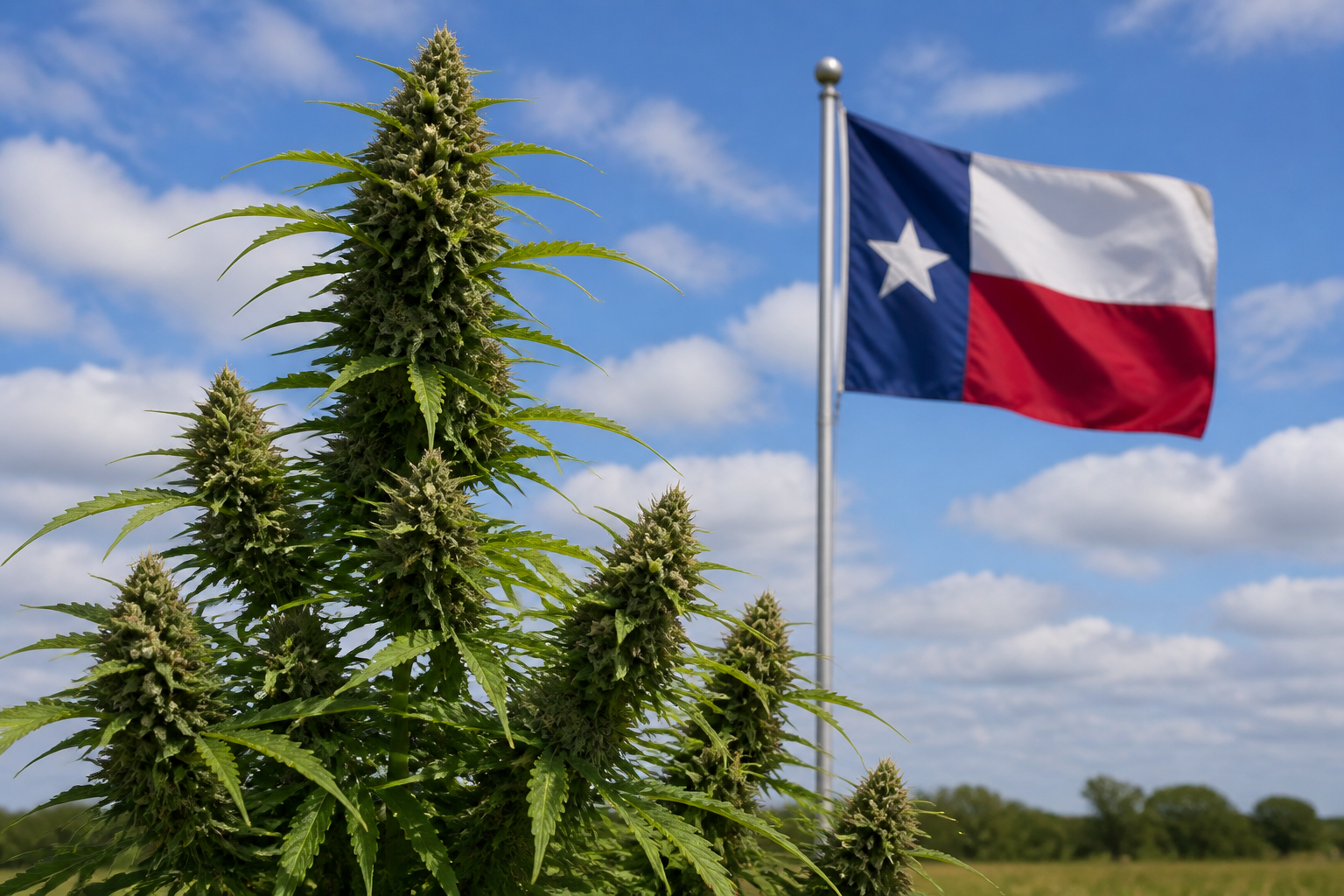 Flowering cannabis plant with the Texas flag