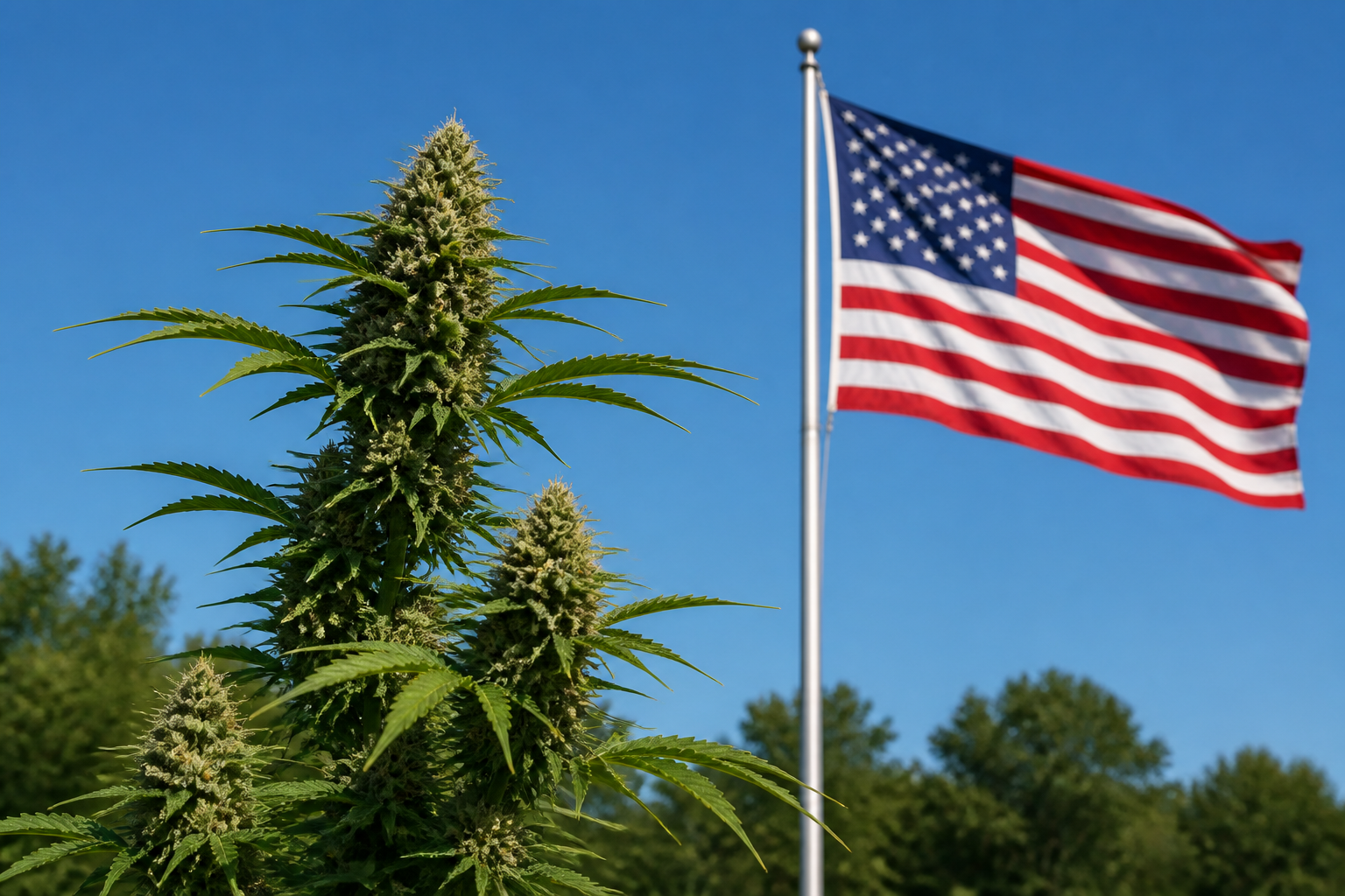 Flowering cannabis plant with the United States flag