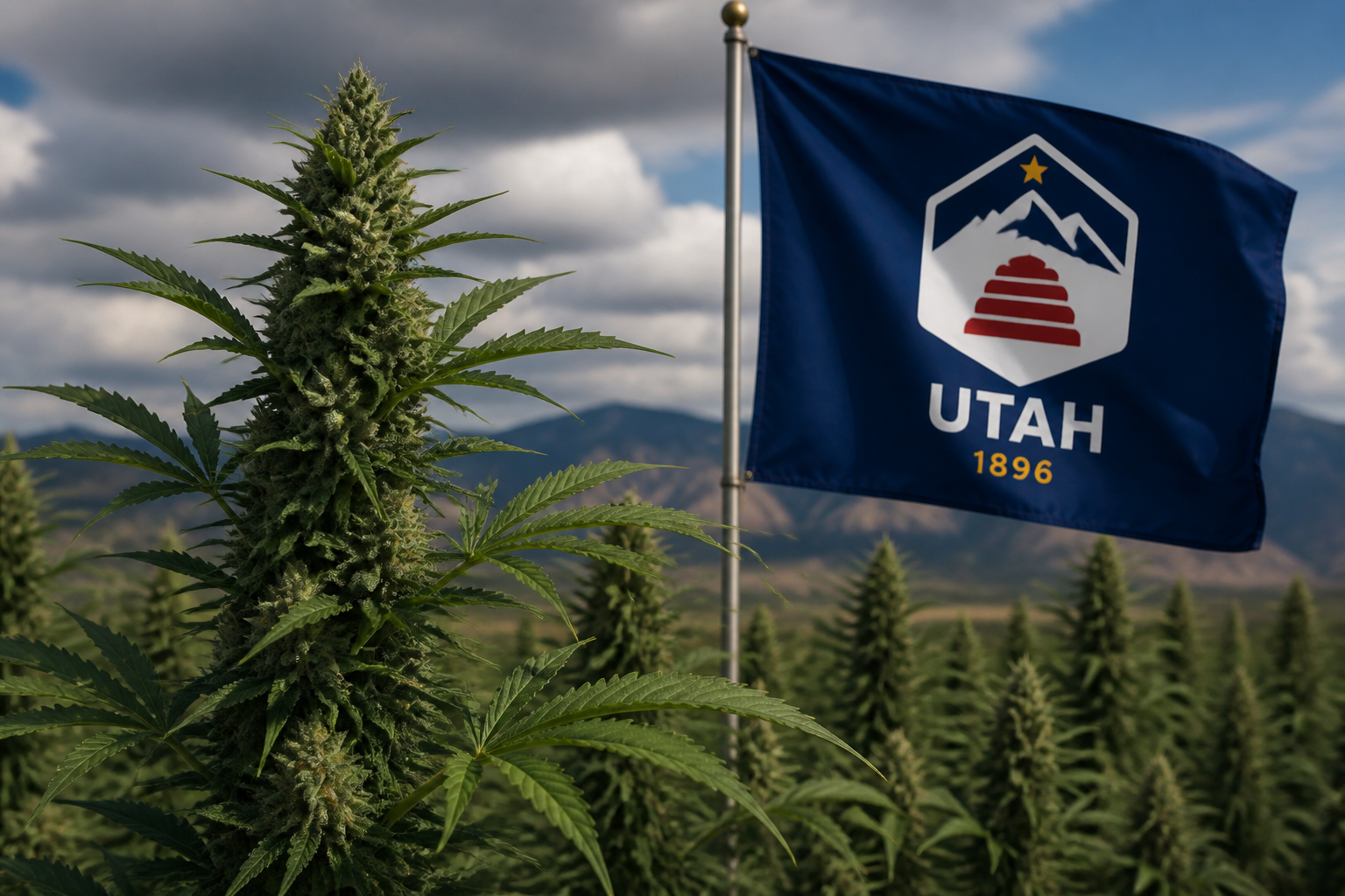 Flowering cannabis plant with the Utah flag