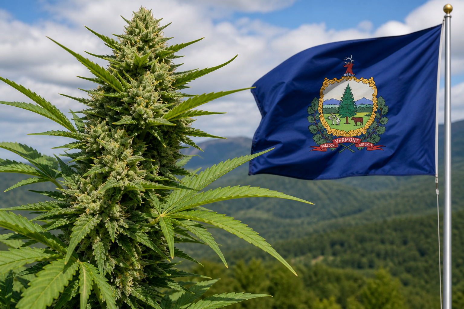 Flowering cannabis plant with the Vermont flag