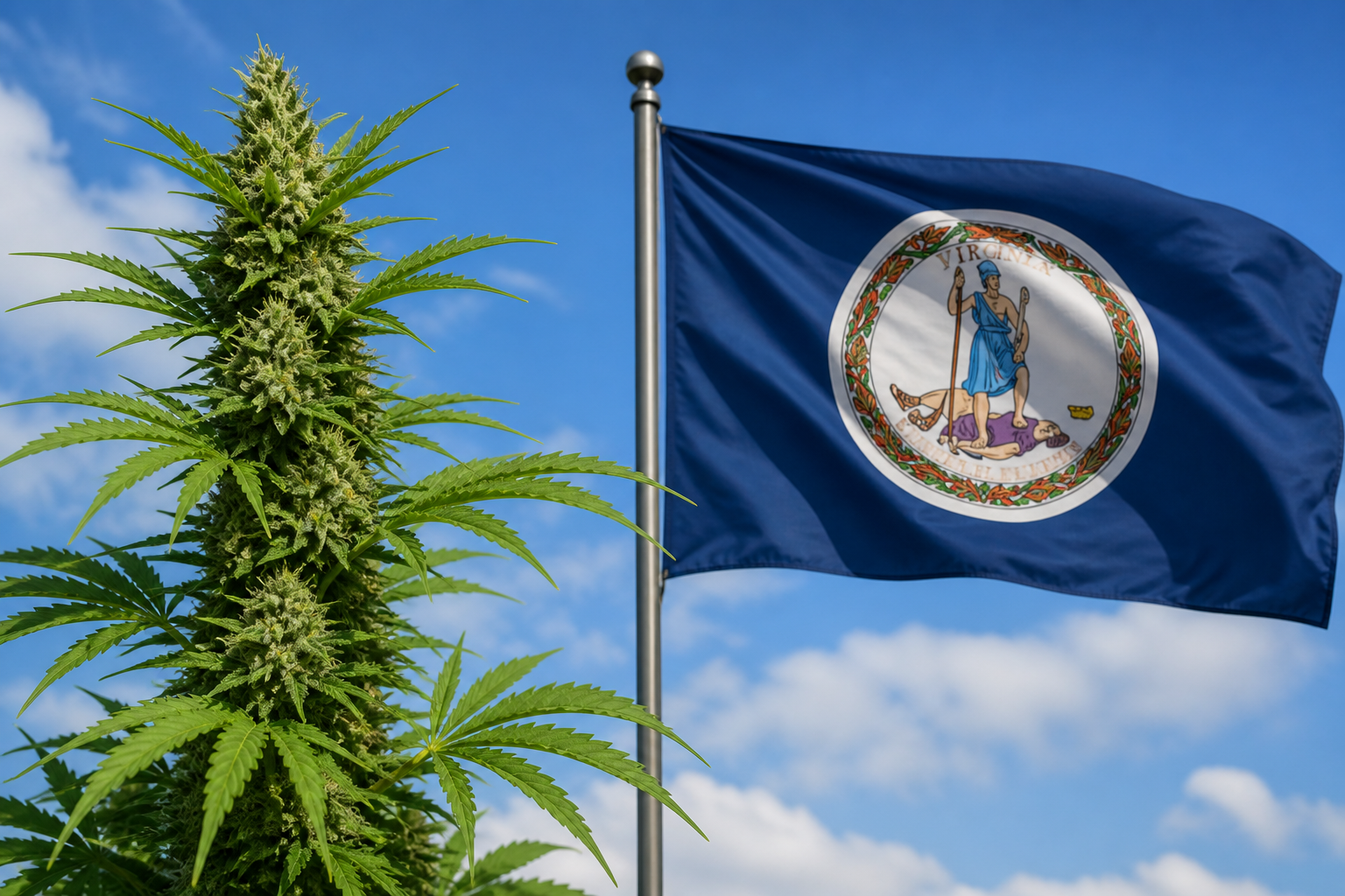 Flowering cannabis plant with the Virginia flag