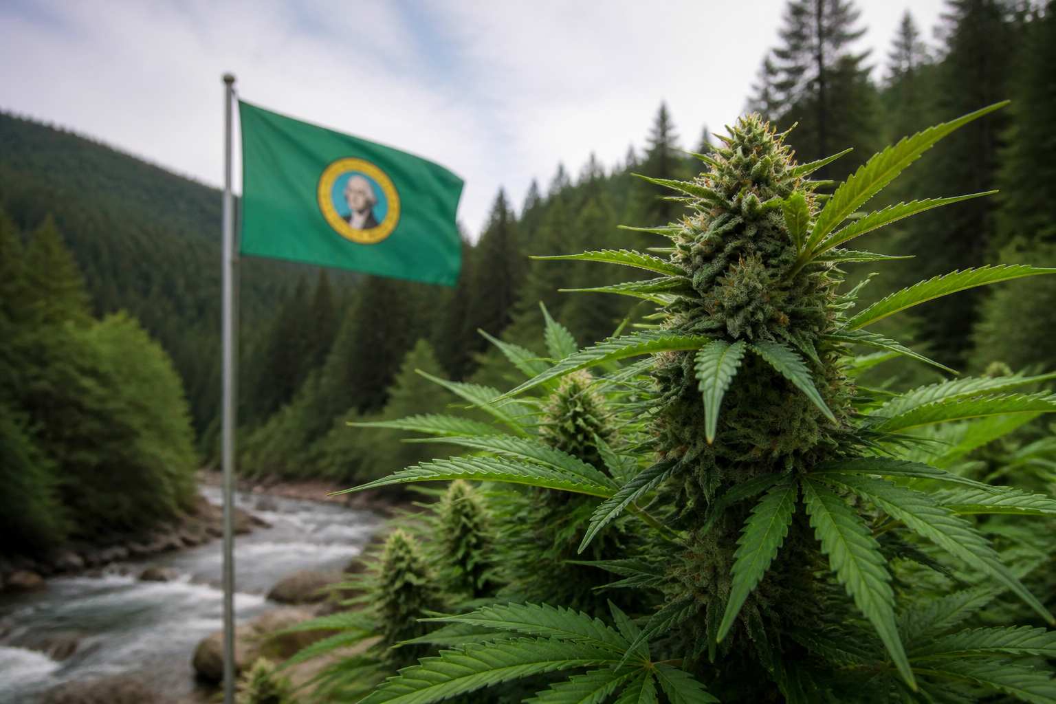 Flowering cannabis plant with the Washington flag