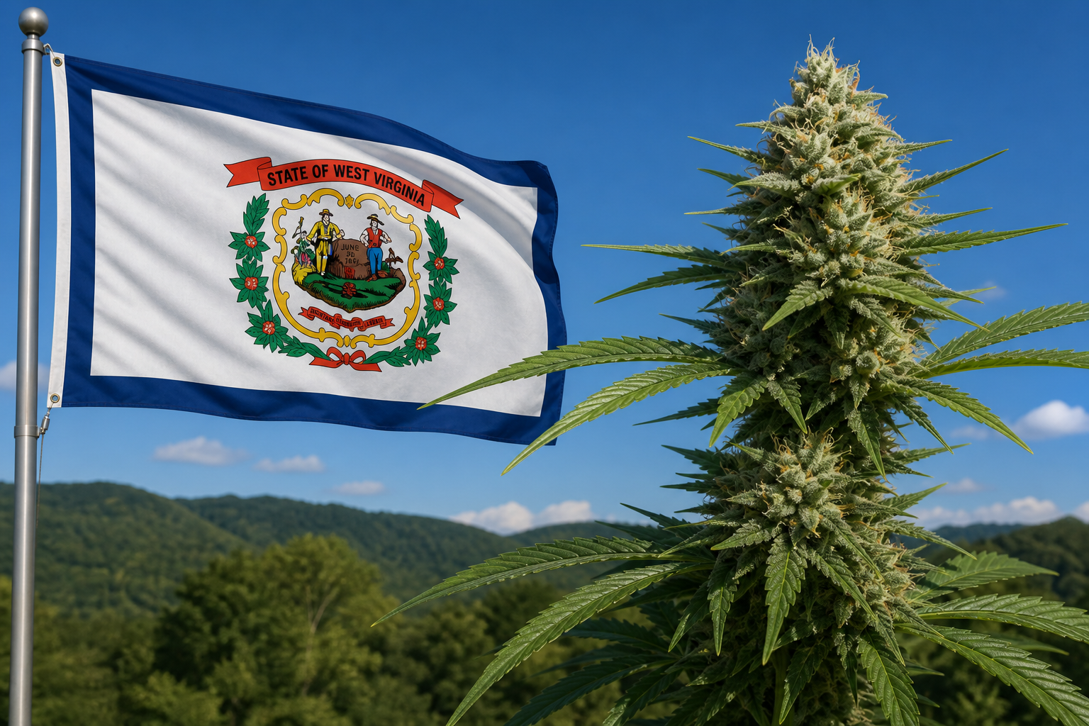 Flowering cannabis plant with the West Virginia flag