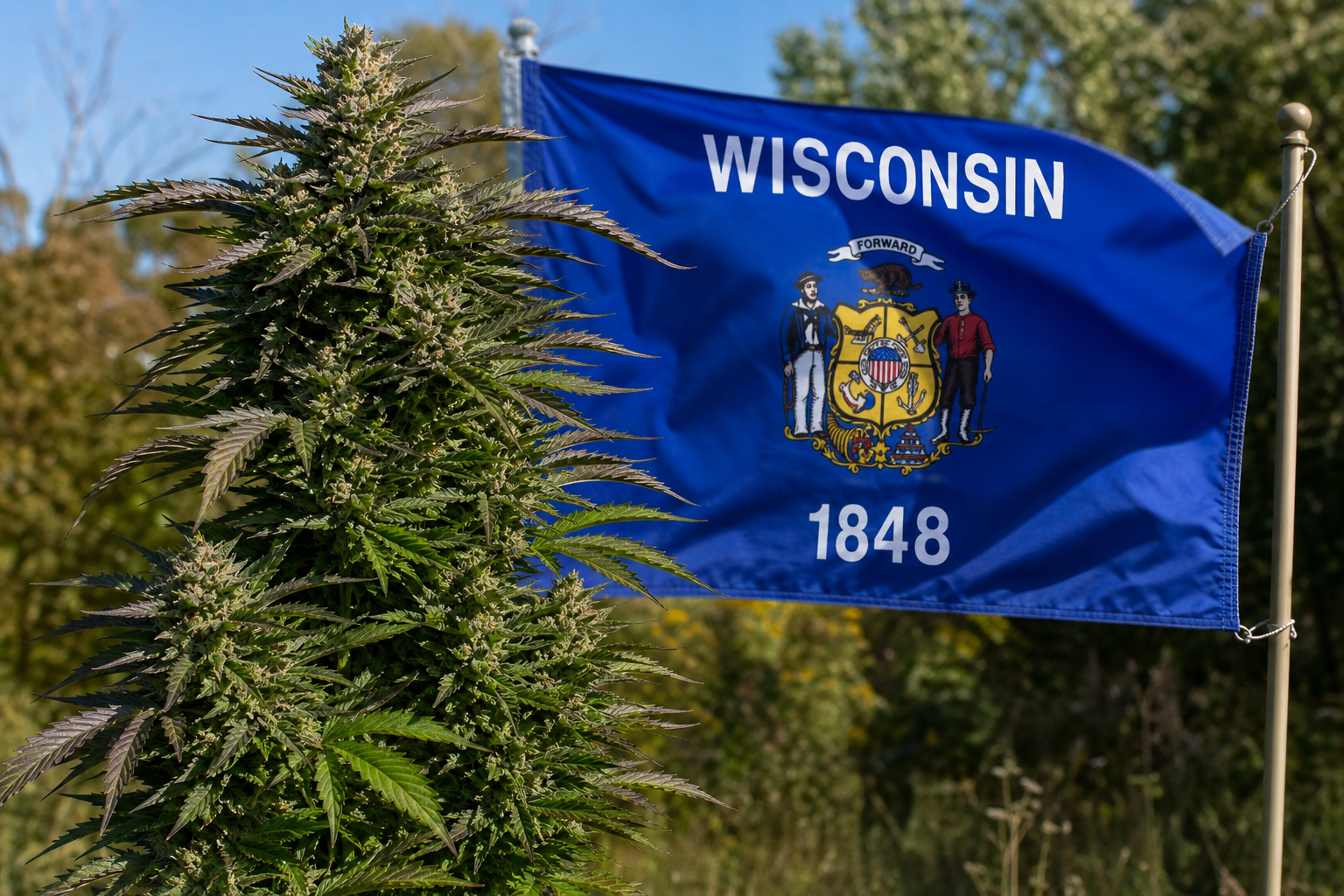 Flowering cannabis plant with the Wisconsin flag
