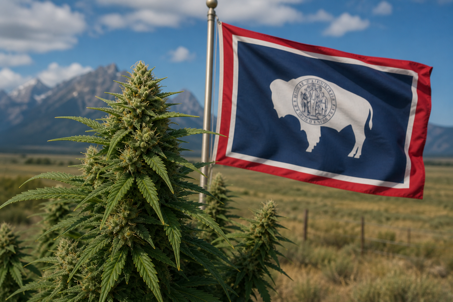 Flowering cannabis plant with the Wyoming flag