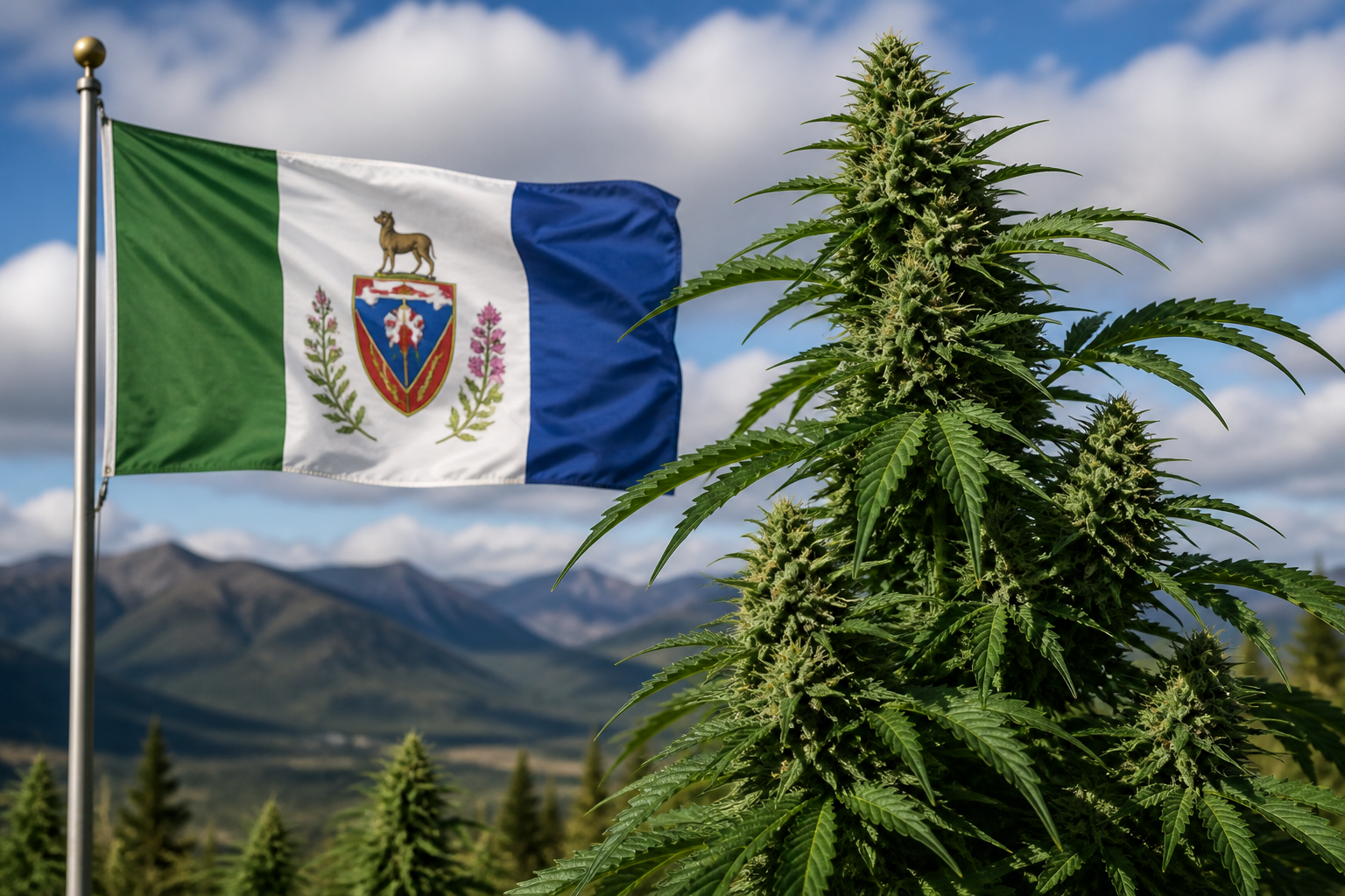 Flowering cannabis plant with the Yukon flag