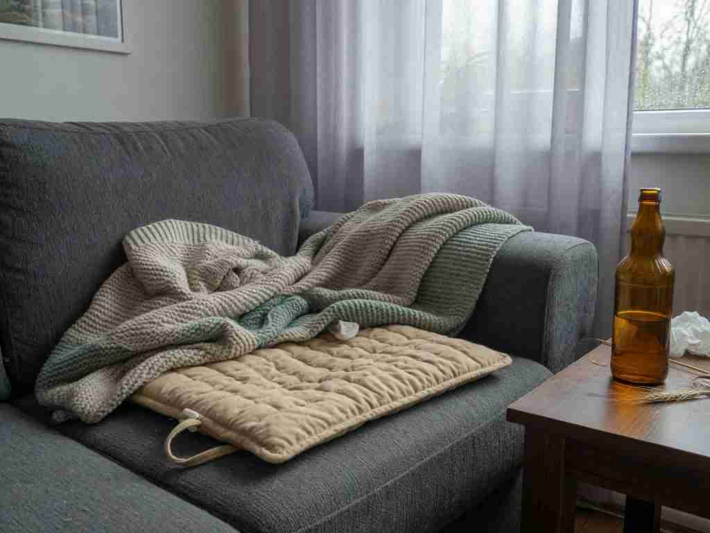 Person resting under a blanket on a couch in the evening