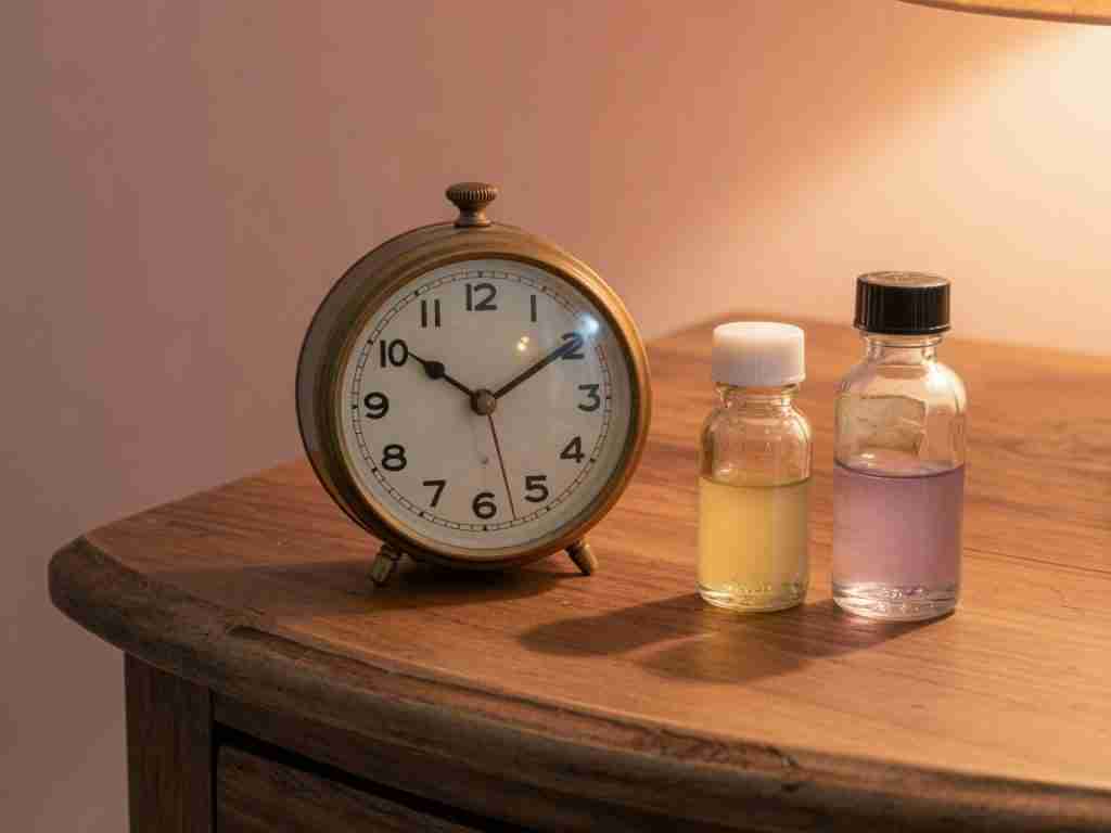 Analog alarm clock showing late evening beside a window