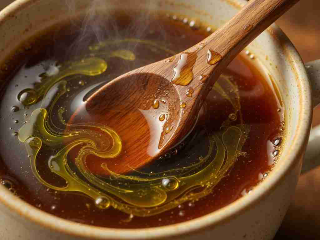 Amber dropper over a ceramic mug of coffee on a wooden table