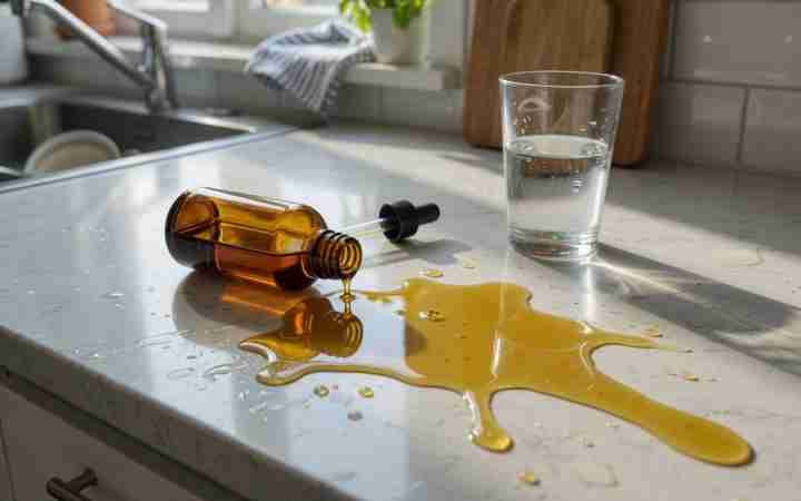 Open tin of gummies spilled next to a water glass and a tincture bottle