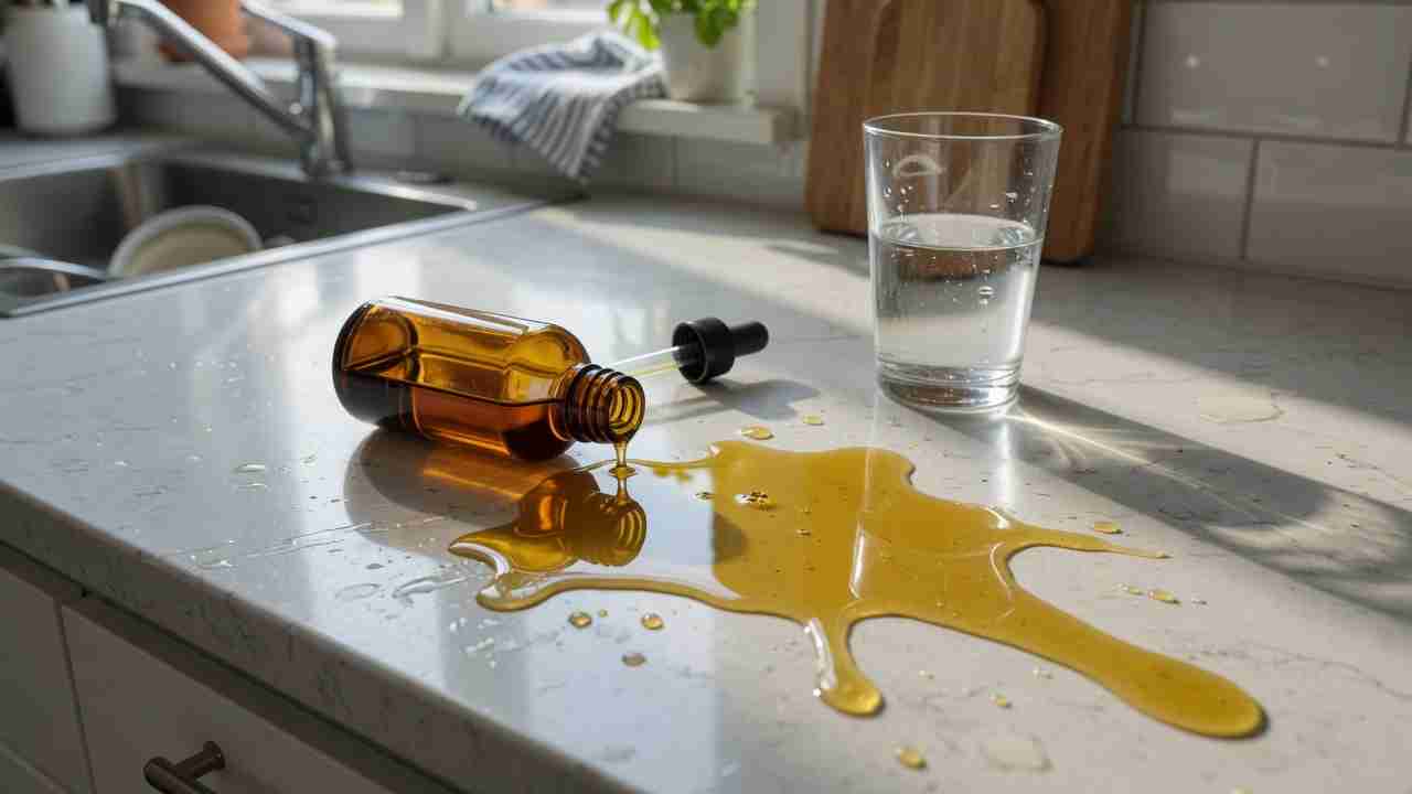 Open tin of gummies spilled next to a water glass and a tincture bottle