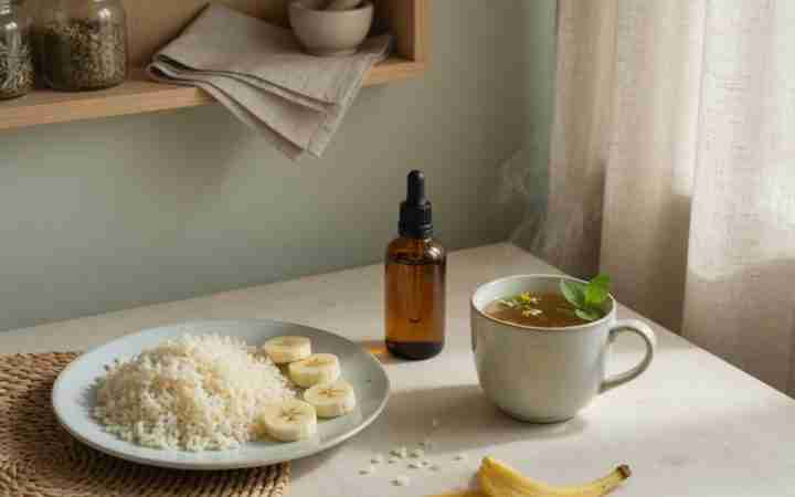 Amber CBD tincture beside a notebook food log and a glass of water on a quiet kitchen counter