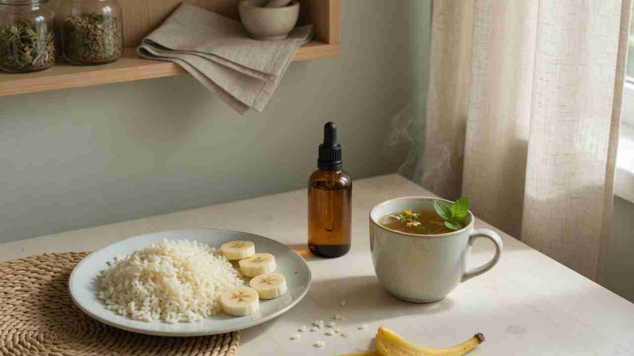 Amber CBD tincture beside a notebook food log and a glass of water on a quiet kitchen counter