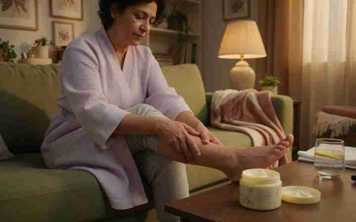 Person seated with CBD cream near the feet and a tincture on a side table