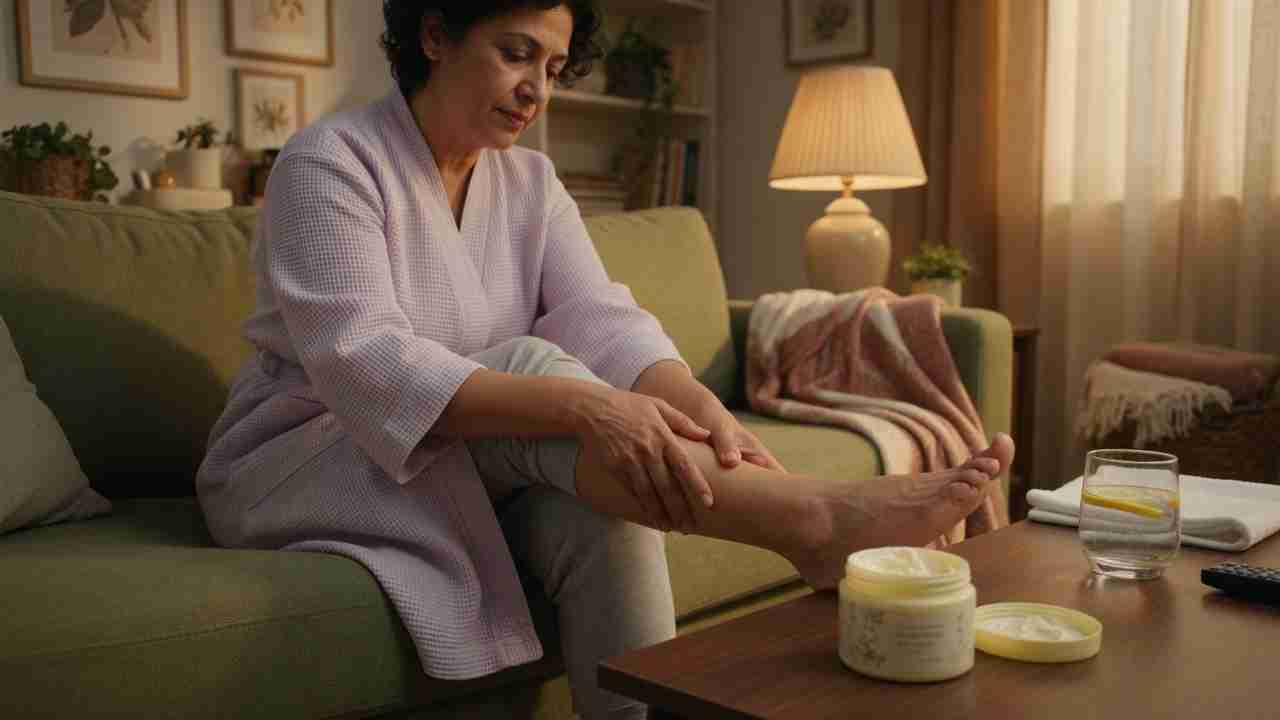 Person seated with CBD cream near the feet and a tincture on a side table