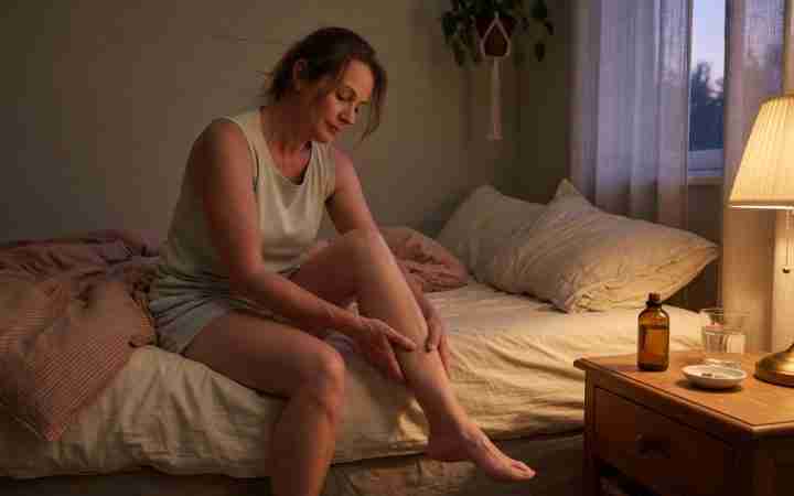 Person stretching calves on the edge of a bed with a small amber CBD bottle on the nightstand