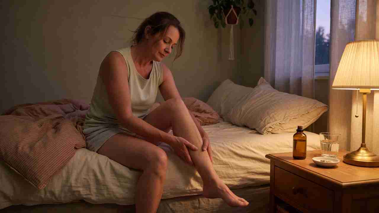 Person stretching calves on the edge of a bed with a small amber CBD bottle on the nightstand