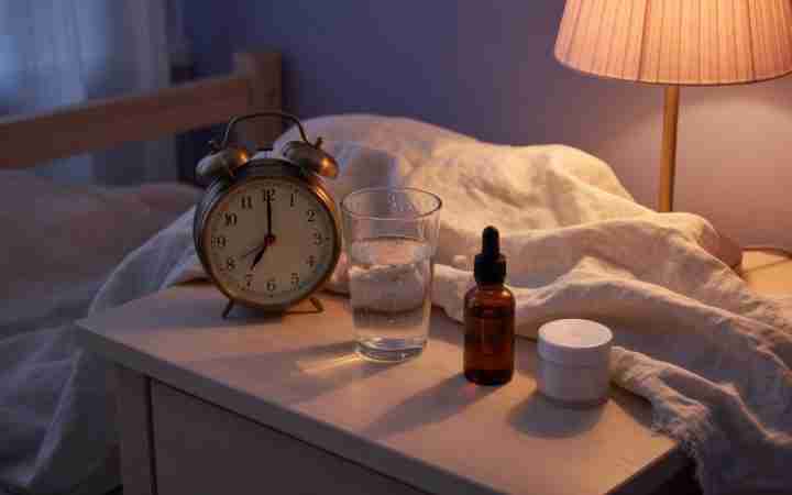 Small melatonin bottle and amber CBD tincture on a nightstand with a clock
