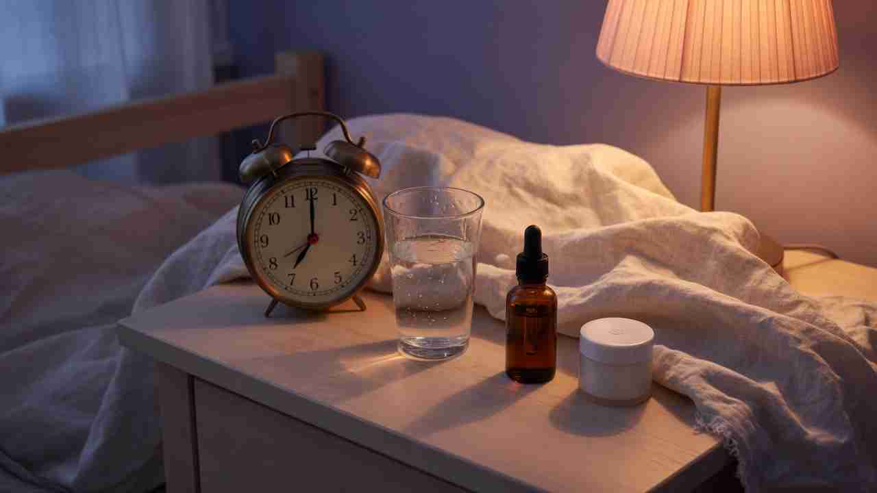 Small melatonin bottle and amber CBD tincture on a nightstand with a clock