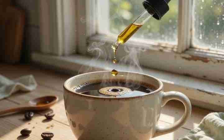 Spoon stirring a drop of oil into a mug of hot coffee, steam visible