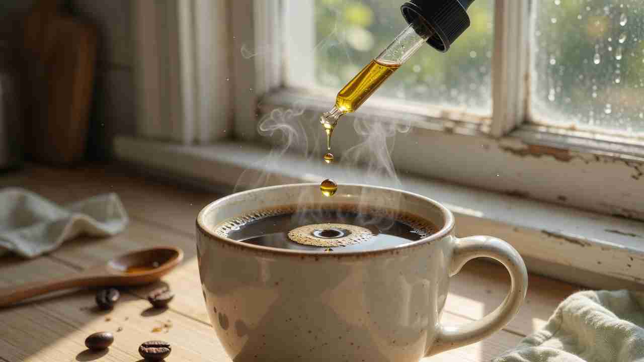 Spoon stirring a drop of oil into a mug of hot coffee, steam visible